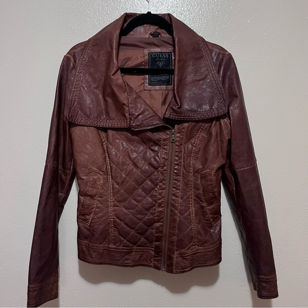 GUESS Brown Faux Leather Moto Jacket Quilted Zip Women’s Small Biker
